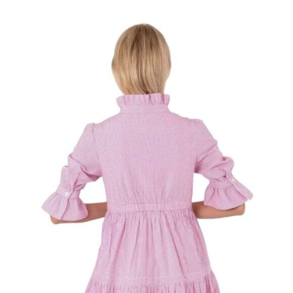 Gretchen Scott Teardrop Pink Stripe Poly Dress Women's Size Medium Ruffle Tiered - Picture 6 of 8